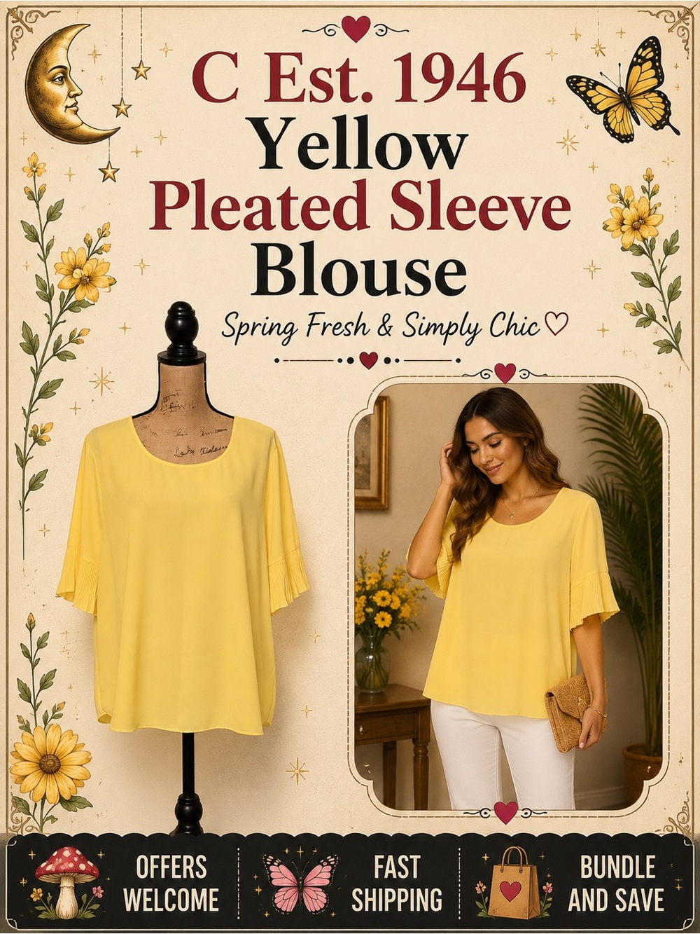 C Est. 1946 Yellow Pleated Sleeve Blouse Short Sleeve Top Size XLarge